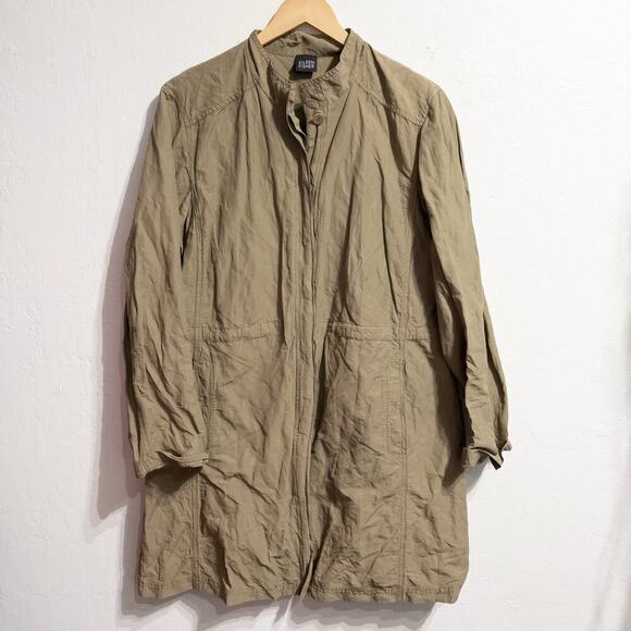 Eileen Fisher Jacket XL Button Light Crinkle Cotton Nylon Metallic Khaki Tan - Picture 1 of 6